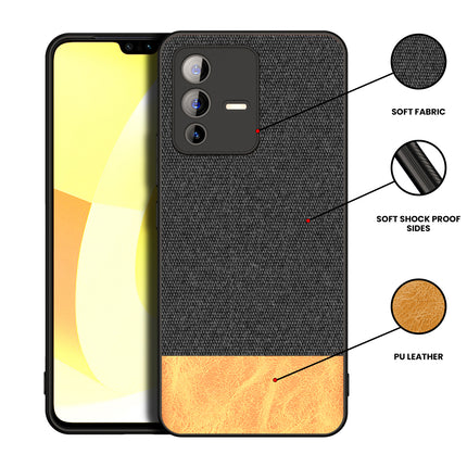 Soft Fabric & Leather Hybrid for Vivo V23 (5G) Back Cover, Shockproof Protection Slim Hard Back Case (Black ,Brown)