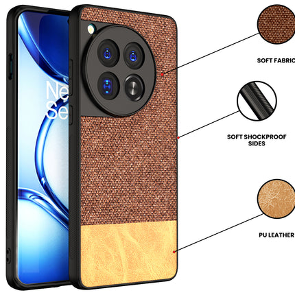 Mobizang Soft Fabric & Leather Hybrid Protective Back Cover for OnePlus 12 | Shockproof Slim Hard Anti Slip Back Case (Brown)