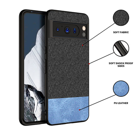 Mobizang Soft Fabric & Leather Hybrid Protective Back Cover for Google Pixel 8 PRO | Shockproof Slim Hard Anti Slip Back Case (Black::Blue)