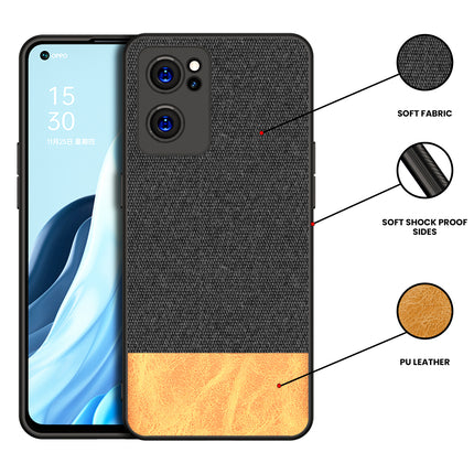 Soft Fabric & Leather Hybrid for Oppo Reno 7 (5G) Back Cover, Shockproof Protection Slim Hard Back Case (Black ,Brown)