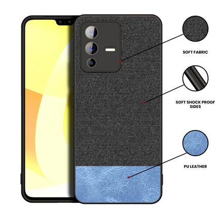 Soft Fabric & Leather Hybrid for Vivo V23 (5G) Back Cover, Shockproof Protection Slim Hard Back Case (Black ,Blue)