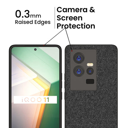 Mobizang Soft Fabric & Leather Hybrid for IQOO 11 Back Cover | Shockproof Hybrid Slim Hard Anti Slip Back Case (Black , Brown)
