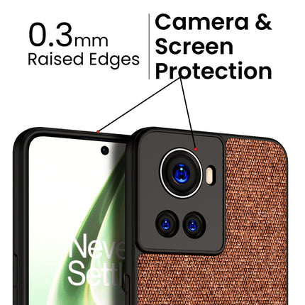 Soft Fabric & Leather Hybrid Protective Back Case Cover for Oneplus 10R (Brown)