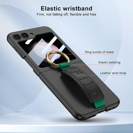 Mobizang Shockproof Protective Band Back Cover for Z Flip 5 | Wrist Strap Ring Kickstand Inbuilt Screen Tempered Glass Case , Black