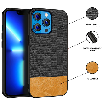 Mobizang Soft Fabric & Leather Hybrid Protective Back Case Cover for Apple iPhone 14 Mini (Black,Brown)