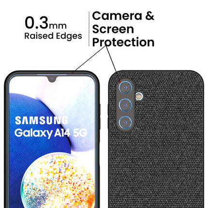 Mobizang Soft Fabric & Leather Hybrid Protective Case Cover for Samsung Galaxy A14 (5G) | Shockproof Slim Hard Anti Slip Back Case (Black,Brown)