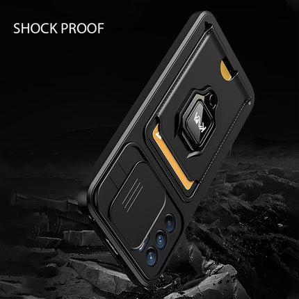 Bisen Back Cover for Oppo Reno 6 (5G), Inbuilt Camera Slider,Ring Stand and Card Pocket Shockproof Slim Bumper Back Case (Black)