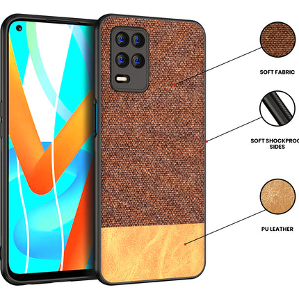 Soft Fabric & Leather Hybrid for Realme 8 (5G) Back Cover, Shockproof Protection Slim Hard Back Case (Brown)