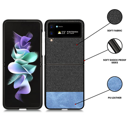 Soft Fabric & Leather Hybrid Protective Case Cover for Samsung Galaxy Z Flip 3 (Black,Blue)