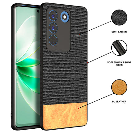 Mobizang Soft Fabric & Leather Hybrid for Vivo V27 (5G) Back Cover | Shockproof Hybrid Slim Hard Anti Slip Back Case (Black, Brown)
