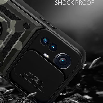 Tank Back Cover for Xiaomi 12 PRO (5G) , Inbuilt Ring + Slider Shockproof Lens  Protection Case (Black)
