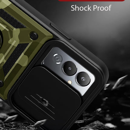 Mobizang Tank Back Cover for Tecno Pova 4 Pro | Inbuilt Ring + Slider Shockproof Lens Protection Case (Green)