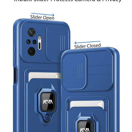 Mobizang Bisen Back Cover for Redmi Note 10 Pro / Note 10 Pro Max , Inbuilt Camera Slider Ring Stand and Card Pocket Shockproof Slim Bumper Back Case (Blue)