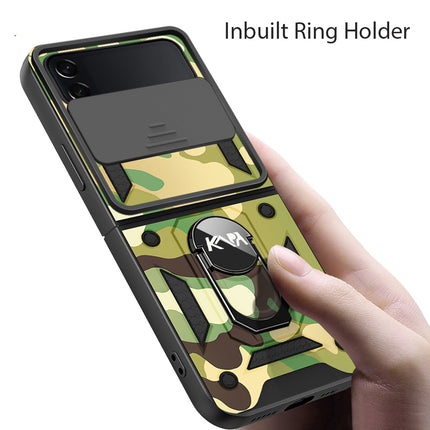 Tank Back Cover for Samsung Galaxy Z Flip 3 (5G) , Inbuilt Ring + Slider Shockproof Lens Protection Case (Green)