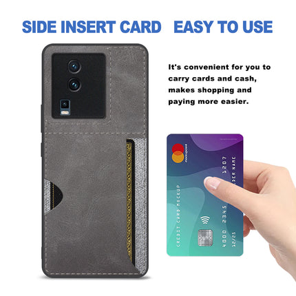 Mobizang Razor Wallet Back Case for IQOO Neo 7 (5G) | Slim PU Leather & Fabric Cover with Inbuilt Card Pocket (Grey)