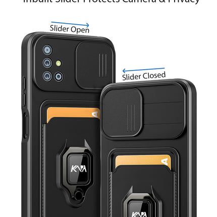 Mobizang Bisen Back Cover for Samsung Galaxy A51  , Inbuilt Camera Slider Ring Stand and Card Pocket Shockproof Slim Bumper Back Case (Black)