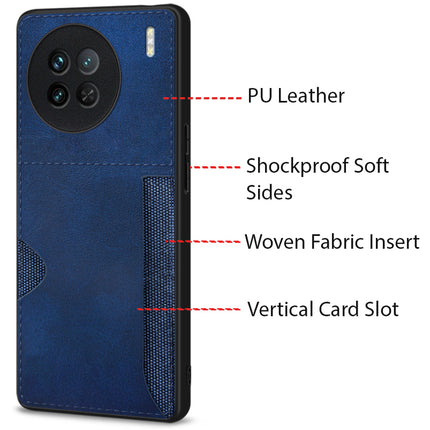 Mobizang Razor Wallet Back Case for Vivo X90 (5G) | Slim PU Leather & Fabric Cover with Inbuilt Card Pocket (Blue)