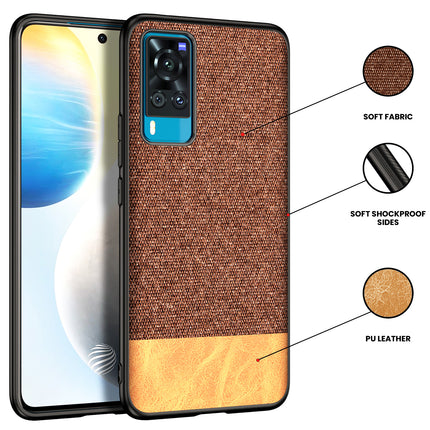 Soft Fabric & Leather Hybrid for Vivo X60 Back Cover, Shockproof Protection Slim Hard Back Case (Brown)
