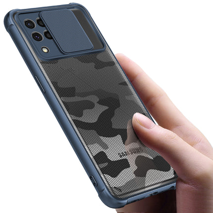 Camo Slider Back Cover for Samsung Galaxy F62 , [Military Grade Protection] Shockproof Slim Clear Camera Shield Bumper Back Case (Blue)