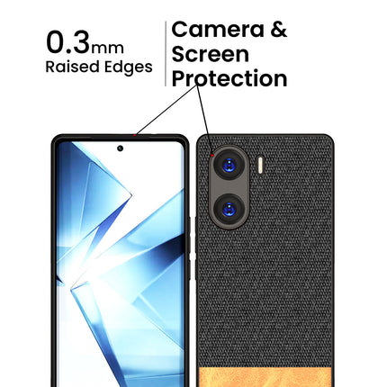 Mobizang Soft Fabric & Leather Hybrid Protective Back Cover for Vivo V29E | Shockproof Slim Hard Anti Slip Back Case (Black::Brown)