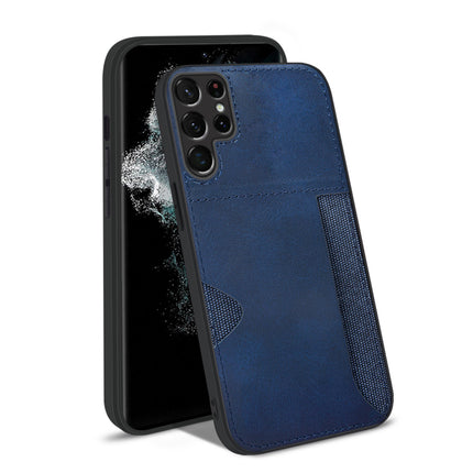 Mobizang Razor Wallet Back Case for Samsung Galaxy S23 Ultra | Slim PU Leather & Fabric Cover with Inbuilt Card Pocket (Blue)
