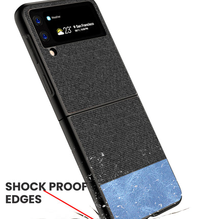 Soft Fabric & Leather Hybrid Protective Case Cover for Samsung Galaxy Z Flip 3 (Black,Blue)