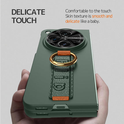 Mobizang Shockproof Protective Band Back Cover for OnePlus Open | Wrist Strap , Ring , Kickstand and Inbuilt Screen Tempered Glass Case, Green