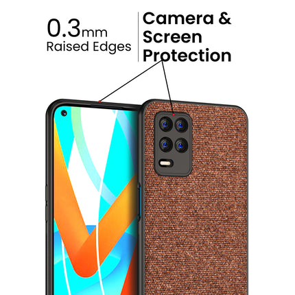 Soft Fabric & Leather Hybrid for Realme 8 (5G) Back Cover, Shockproof Protection Slim Hard Back Case (Brown)