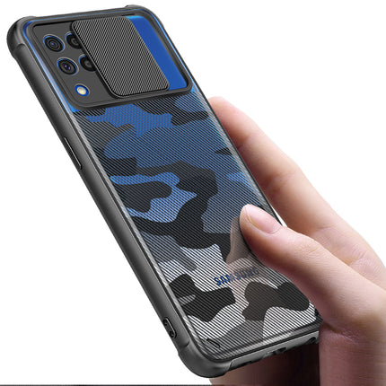 Camo Slider Back Cover for Samsung Galaxy F62 , [Military Grade Protection] Shockproof Slim Clear Camera Shield Bumper Back Case (Black)