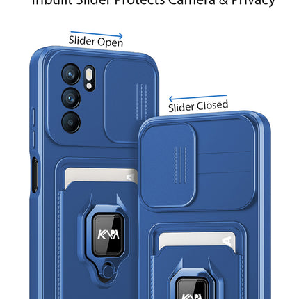 Bisen Back Cover for Oppo Reno 6 (5G), Inbuilt Camera Slider,Ring Stand and Card Pocket Shockproof Slim Bumper Back Case (Blue)