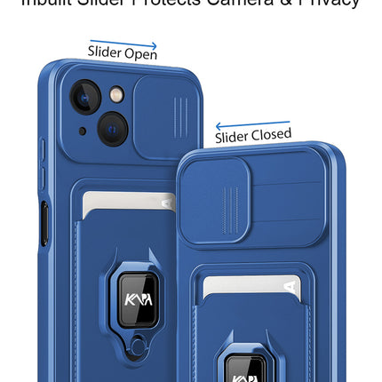 Bisen Back Cover for Apple iPhone 13 (6.1) , Inbuilt Camera Slider ,Ring Stand and Card Pocket Shockproof Slim Bumper Back Case (Blue)