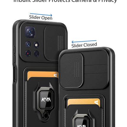 Bisen Back Cover for Redmi Note 11T  (5G) , Inbuilt Camera Slider ,Ring Stand and Card Pocket Shockproof Slim Bumper Back Case (Black)