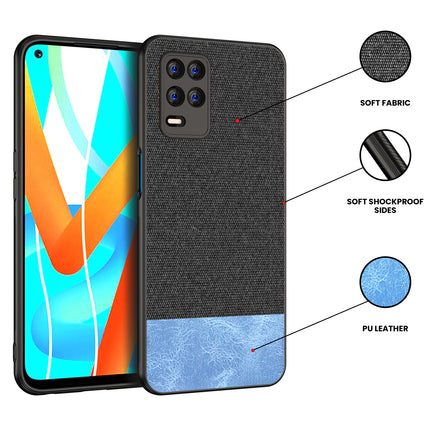 Soft Fabric & Leather Hybrid for Realme 8 (5G) Back Cover, Shockproof Protection Slim Hard Back Case (Black, Blue)