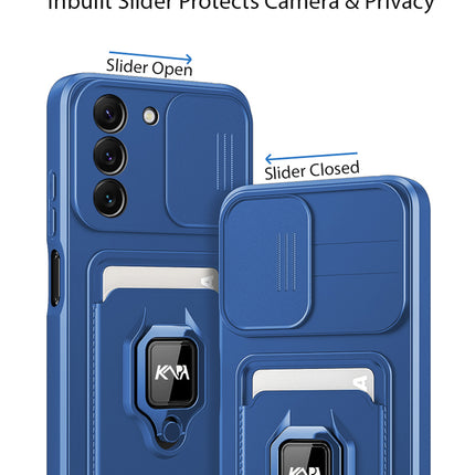 Bisen Back Cover for Samsung Galaxy S22 Plus , Inbuilt Camera Slider ,Ring Stand and Card Pocket Shockproof Slim Bumper Back Case (Blue)