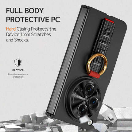 Mobizang Shockproof Protective Band Back Cover for OnePlus Open | Wrist Strap , Ring , Kickstand and Inbuilt Screen Tempered Glass Case, Black