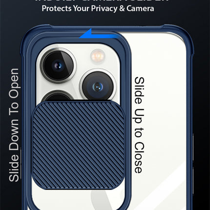Slider Back Cover for Apple iPhone 13 Pro , [Military Grade Protection] Shockproof Slim Clear Camera Shield Bumper Back Case (Blue)