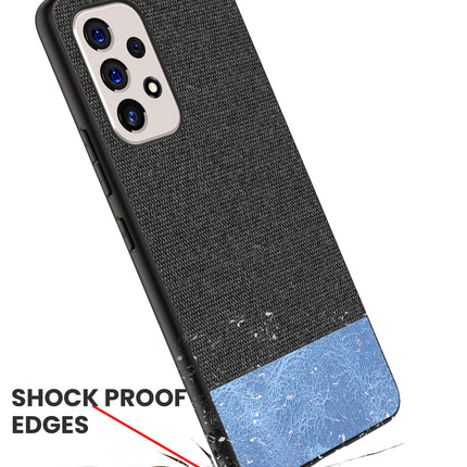 Soft Fabric & Leather Hybrid for Samsung Galaxy A53 (5G) Back Cover, Shockproof Protection Slim Hard Back Case (Black ,Blue)