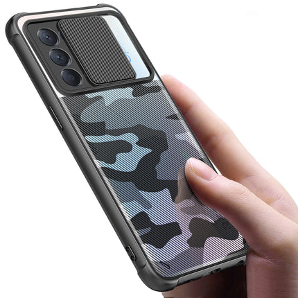 Camo Slider Back Cover for Oppo Reno 5 PRO , [Military Grade Protection] Shockproof Slim Clear Camera Shield Bumper Back Case (Black)
