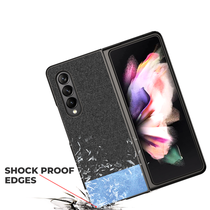 Soft Fabric & Leather Hybrid Protective Case Cover for Samsung Galaxy Z Fold 3 (Black,Blue)