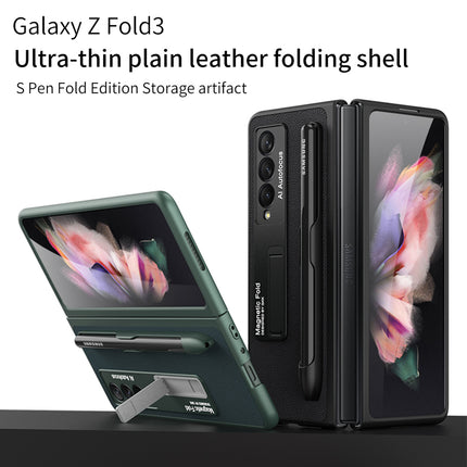 Leather Case With S Pen Holder for Samsung Galaxy Z Fold3 , Inbuilt Stand Hybrid Stand Protection Back Cover, Black
