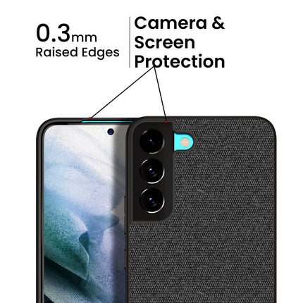Soft Fabric & Leather Hybrid Protective Case Cover for Samsung Galaxy S22 + ( Plus ) (Black,Blue)