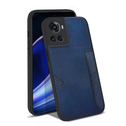 Mobizang Razor Wallet Back Case for OnePlus 10R | Slim PU Leather & Fabric Cover with Inbuilt Card Pocket (Blue)