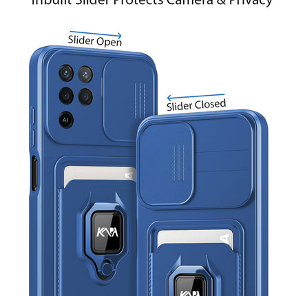 Bisen Back Cover for Oppo F19 Pro , Inbuilt Camera Slider ,Ring Stand and Card Pocket Shockproof Slim Bumper Back Case (Blue)
