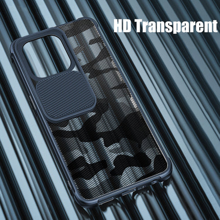 Camo Slider Back Cover for Apple iPhone 13 Pro, [Military Grade Protection] Shockproof Slim Clear Camera Shield Bumper Back Case (Blue)