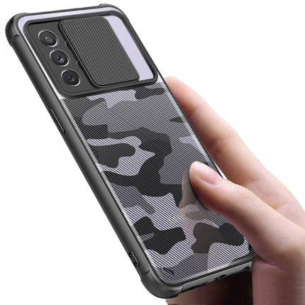 Camo Slider Back Cover for Samsung Galaxy A32 (5G) , [Military Grade Protection] Shockproof Slim Clear Camera Shield Bumper Back Case (Black)