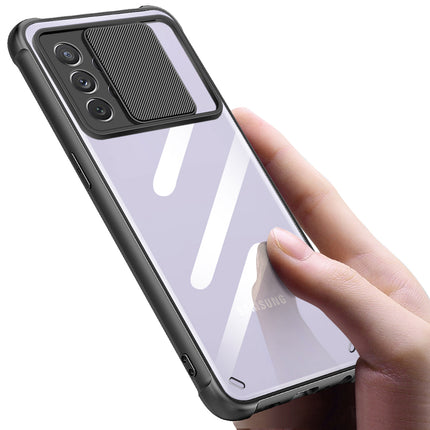 Slider Back Cover for Samsung Galaxy M32 (5G), [Military Grade Protection] Shockproof Slim Clear Camera Shield Bumper Back Case (Black)