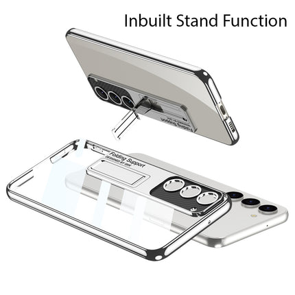 Mobizang Phantom Ultra Thin Back Case for Samsung Galaxy S23 Plus | Inbuilt Stand Electroplated Edges Full Body Protection Back Cover (Silver)
