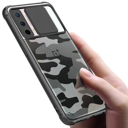 Camo Slider Back Cover for OnePlus Nord CE (5G) [Military Grade Protection] Shockproof Slim Clear Camera Shield Bumper Back Case (Black)