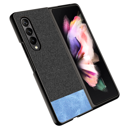 Soft Fabric & Leather Hybrid Protective Case Cover for Samsung Galaxy Z Fold 3 (Black,Blue)