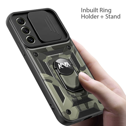 Tank Back Cover for Samsung Galaxy S21 FE, Inbuilt Ring + Slider Shockproof Lens Protection Case (Black)